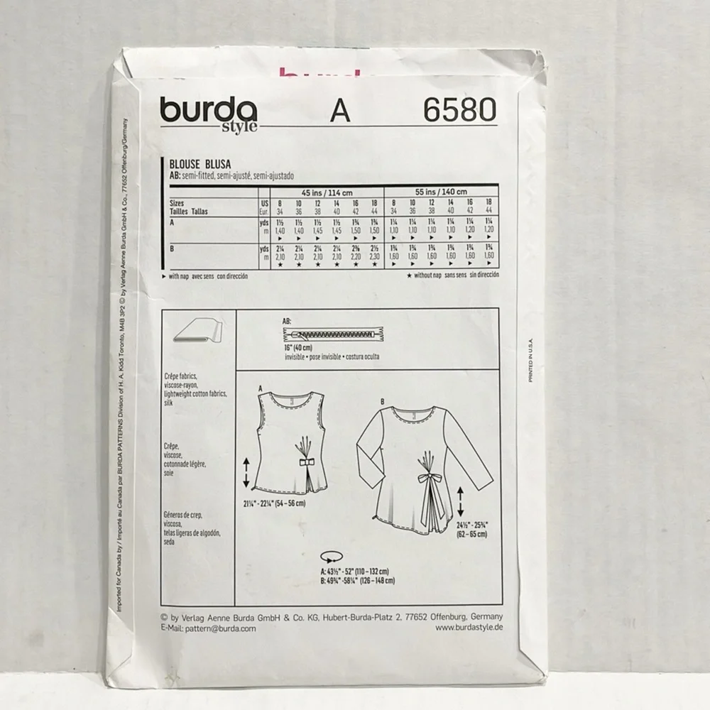 Burda Style Sewing‎ Pattern 6580 UNCUT Factory Folded Womens Blouse size 8-18